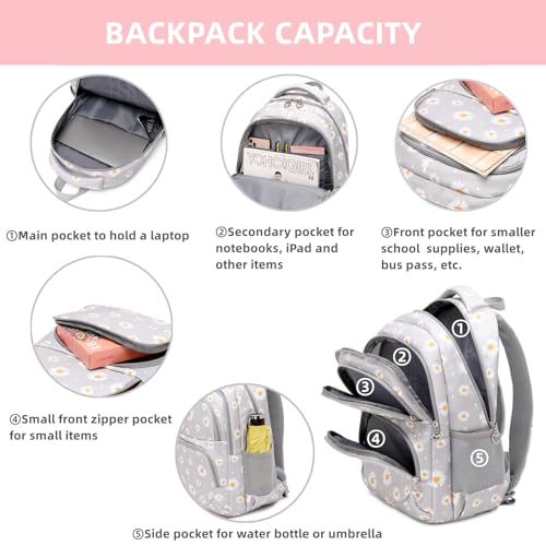 Armbq Daisy Kids Backpack for Girls, Multi Pocket School Bags with Lunch Box for Elementary, Teen Girls Bookbag Set - Image 4