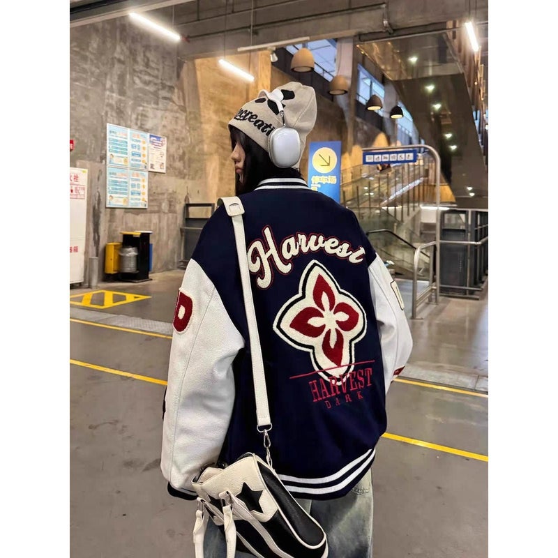 Original American Retro Woolen And Leather Embroidered Baseball Jacket For Men And Women, Loose Quilted Thickened Color-Blocking Coat - Image 1