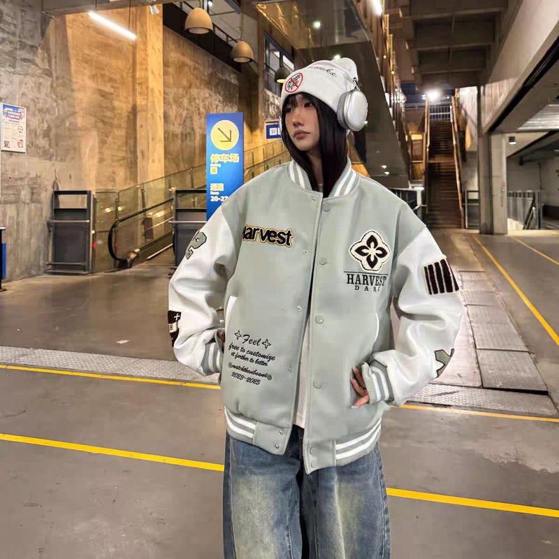 Original American Retro Woolen And Leather Embroidered Baseball Jacket For Men And Women, Loose Quilted Thickened Color-Blocking Coat - Image 5