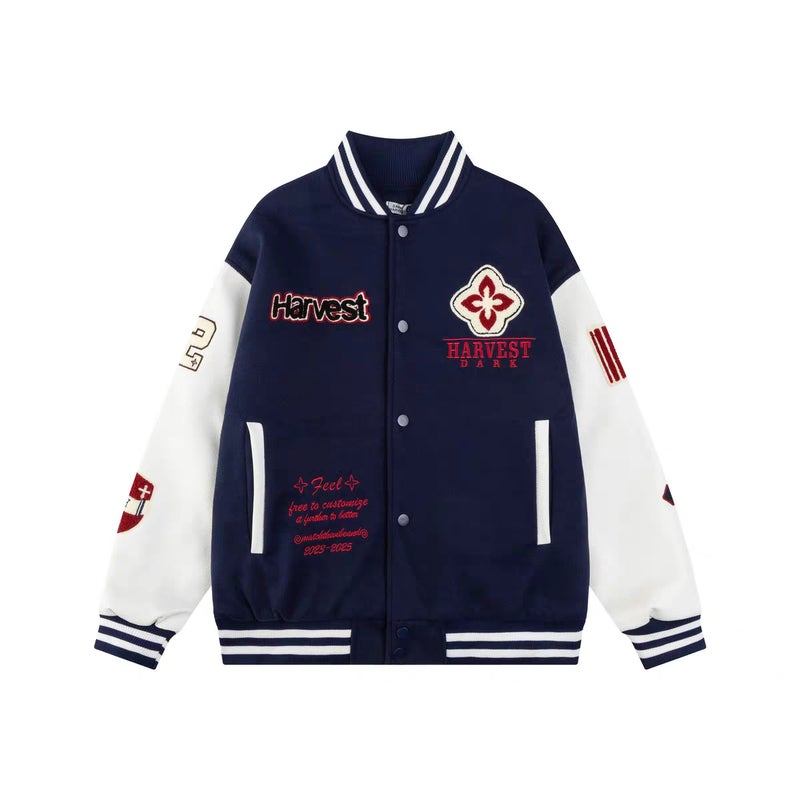 Original American Retro Woolen And Leather Embroidered Baseball Jacket For Men And Women, Loose Quilted Thickened Color-Blocking Coat - Image 3
