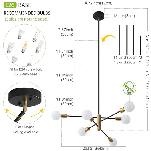 Deyidn Sputnik Chandelier Mid Century Modern Industrial E26 Pendant Lighting Chandeliers Ceiling Light Fixture Black and Gold Light for Living Room,Kitchen,Bedroom,Dining Room and Farmhouse - Image 2