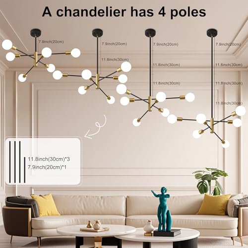 Deyidn Sputnik Chandelier Mid Century Modern Industrial E26 Pendant Lighting Chandeliers Ceiling Light Fixture Black and Gold Light for Living Room,Kitchen,Bedroom,Dining Room and Farmhouse - Image 4