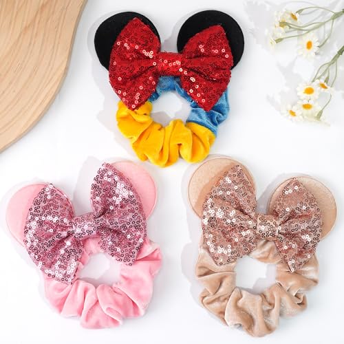 CellElection 6 Pack Mouse Ears Scrunchies Velvet Sparkle Sequin Mouse Bows Hair Scrunchies Hair Ties Elastic Rubber Bands Ponytail Holders for Kids Women Girls Christmas Party Decoration - Image 4