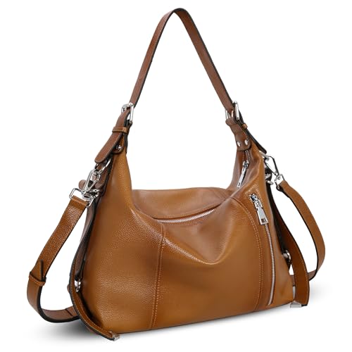 HESHE Shoulder Bag Designer Soft Genuine Leather Handbags for Women Hobo Crossbody Bags Tote Purse Zipper Work Bag(Sorrel) - Image 1