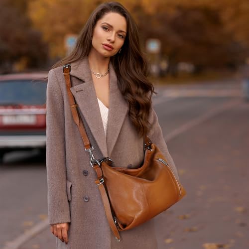 HESHE Shoulder Bag Designer Soft Genuine Leather Handbags for Women Hobo Crossbody Bags Tote Purse Zipper Work Bag(Sorrel) - Image 3