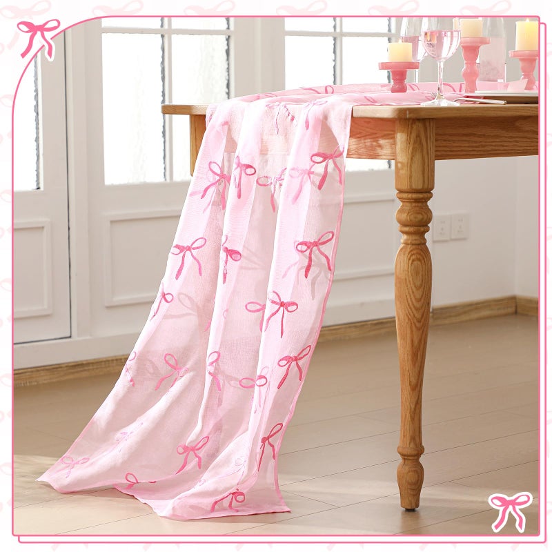 Tudomro Embroidery Pink Bow Tulle Table Runner 9.2 ft Coquette Pink Cheesecloth Table Runner 110 Inch Gauze Boho Dining Decor for Wedding Birthday Baby Shower Christmas Valentine's Home Decor - Image 5
