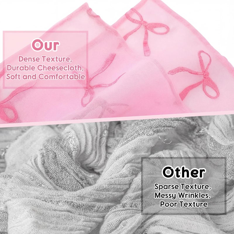 Tudomro Embroidery Pink Bow Tulle Table Runner 9.2 ft Coquette Pink Cheesecloth Table Runner 110 Inch Gauze Boho Dining Decor for Wedding Birthday Baby Shower Christmas Valentine's Home Decor - Image 4