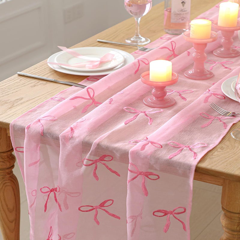 Tudomro Embroidery Pink Bow Tulle Table Runner 9.2 ft Coquette Pink Cheesecloth Table Runner 110 Inch Gauze Boho Dining Decor for Wedding Birthday Baby Shower Christmas Valentine's Home Decor - Image 1