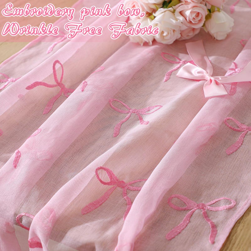 Tudomro Embroidery Pink Bow Tulle Table Runner 9.2 ft Coquette Pink Cheesecloth Table Runner 110 Inch Gauze Boho Dining Decor for Wedding Birthday Baby Shower Christmas Valentine's Home Decor - Image 3