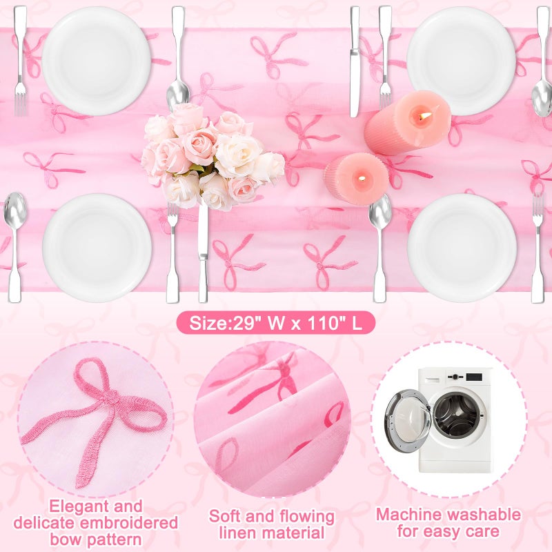Tudomro Embroidery Pink Bow Tulle Table Runner 9.2 ft Coquette Pink Cheesecloth Table Runner 110 Inch Gauze Boho Dining Decor for Wedding Birthday Baby Shower Christmas Valentine's Home Decor - Image 2