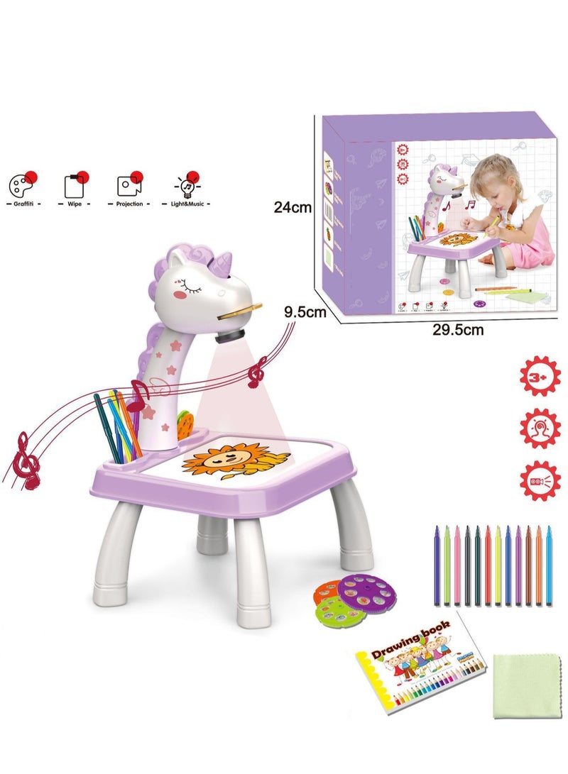 Purple Unicorn Projection Table, Children'S Drawing Projector With Flashlight Slide Projector Toy, Tracing Sketch Table With Light Music, Suitable For Early Art Learning Game Gifts - Image 2
