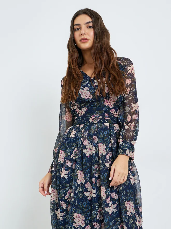Styli Styli Navy Floral Midi Dress with Long Sleeves