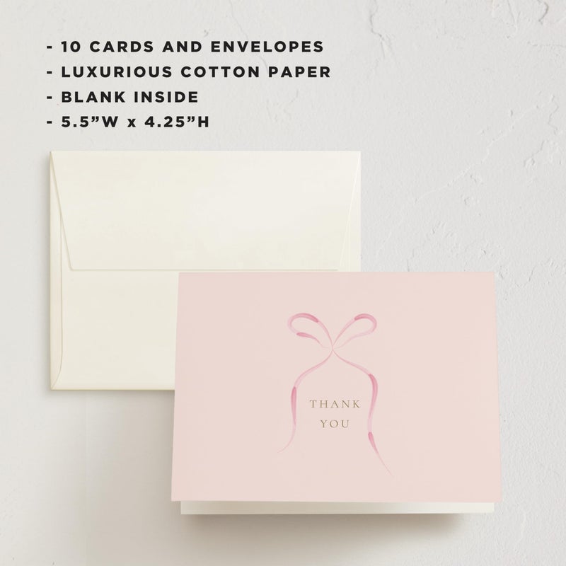 Minted Thank You Cards Pack, 10 Thank You Cards with 10 Envelopes, Blank Card, Pink Bow Design, Baby Shower, New Mom, Wedding, Baptism or Christening Luxurious Paper, Designed by Independent Artists - Image 3