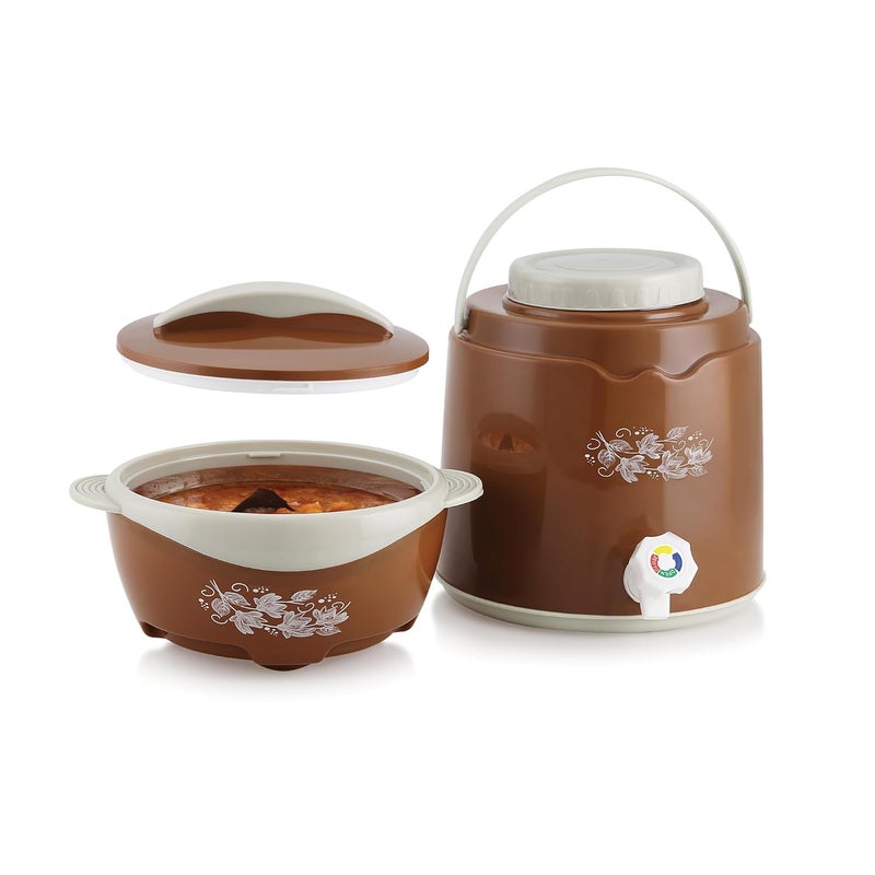 Liza Fusion Insulated Casserole and Insulated Jug 2PC Gift set,1500ml, Round PU Insulated Inner Stainless Steel Casserole with Lid & Knob and 4.5 Liter Water Jug | BPA Free |Grip Handle (BROWN) - Image 1