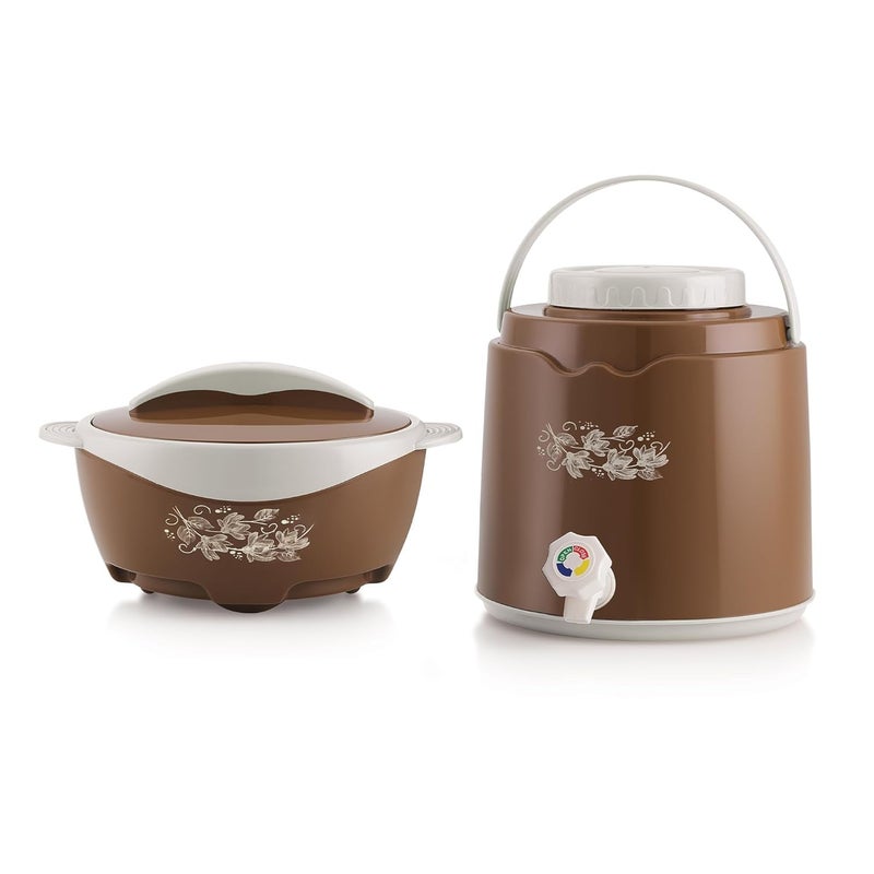 Liza Fusion Insulated Casserole and Insulated Jug 2PC Gift set,1500ml, Round PU Insulated Inner Stainless Steel Casserole with Lid & Knob and 4.5 Liter Water Jug | BPA Free |Grip Handle (BROWN) - Image 2