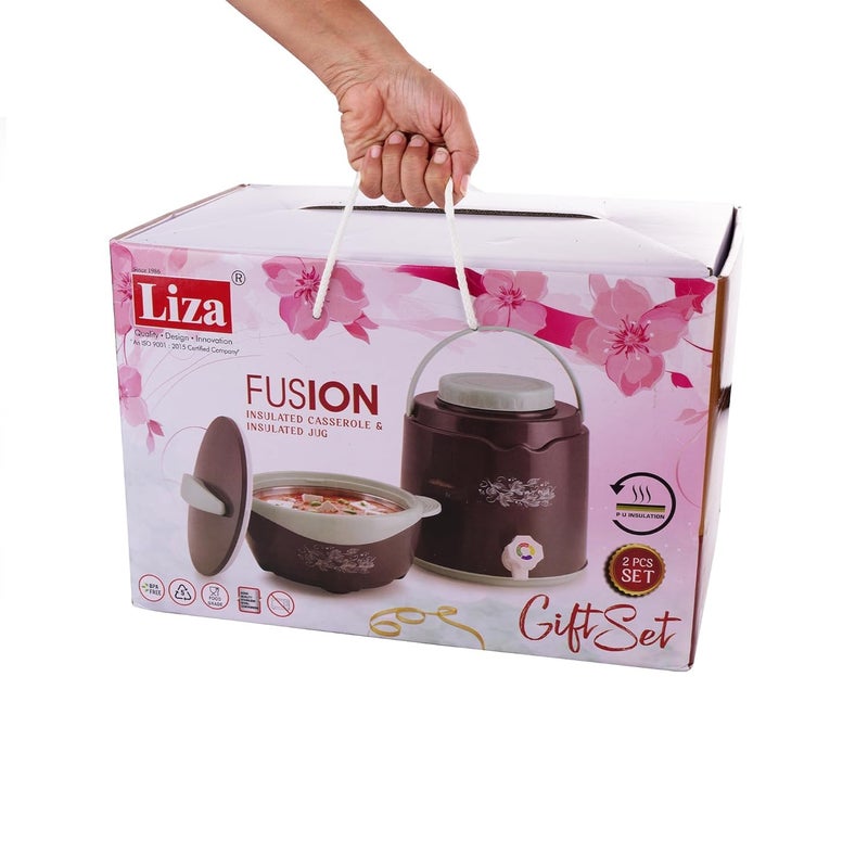 Liza Fusion Insulated Casserole and Insulated Jug 2PC Gift set,1500ml, Round PU Insulated Inner Stainless Steel Casserole with Lid & Knob and 4.5 Liter Water Jug | BPA Free |Grip Handle (BROWN) - Image 4