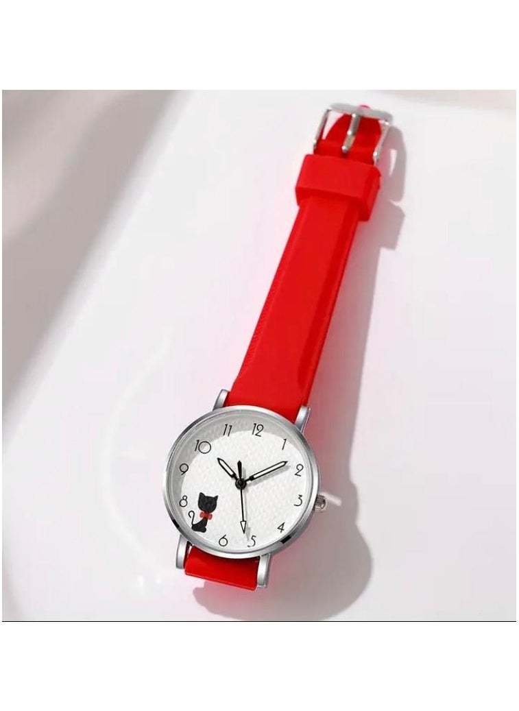 QUARTZ Women's quartz watch with a charming cartoon cat design with a silicone strap, an attractive watch in red color 
