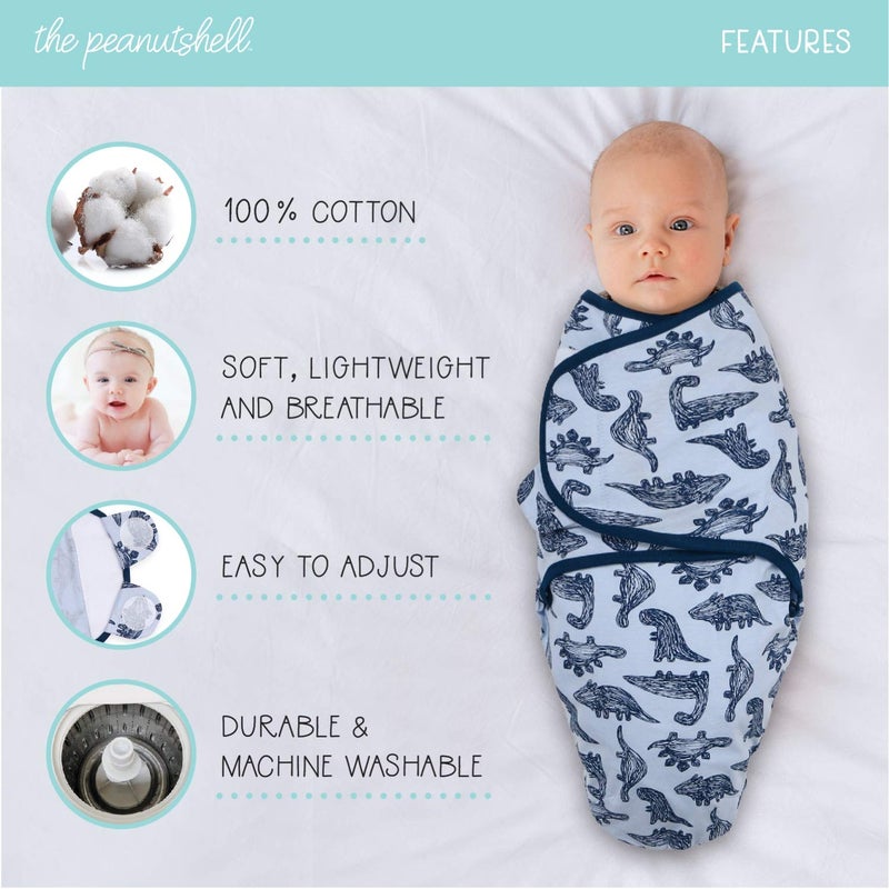 The Peanut Shell The Peanutshell Baby Swaddle Blankets Set of 3 - Baby Boy Sleep Sack for Newborn, Newborns Sack 0-3, 3-6 Month Swaddles, Soft & Breathable Cotton - Blue Dinosaur (M/L) - Image 2