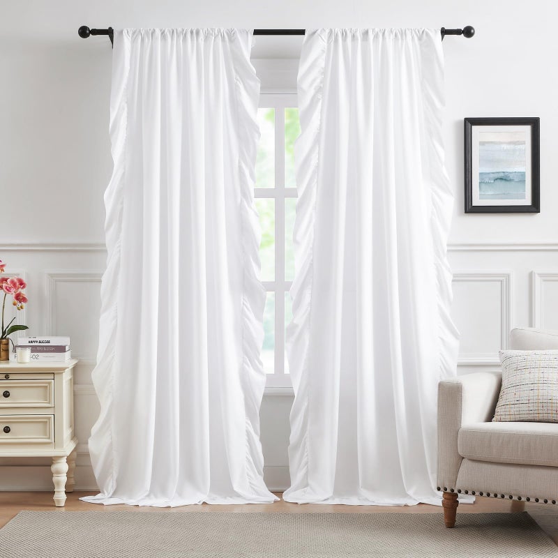 SEEKRIGHT White Ruffle Curtains 84 Inches Long for Bedroom Living Room Soft Touch Fabric Rod Pocket Light Filtering Romantic Ruffle Curtains for Girls Room Opaque Window Privacy Decor, 2 Panels Set, 52x84 - Image 1