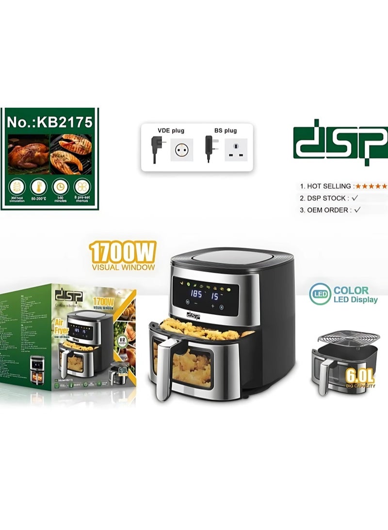 DSP Digital Air Fryer – 6L Capacity, 1700 Watts Enjoy crispy fried food with little to no oil! Reduce fat by up to 85% with this smart 6-liter air fryer – perfect for families. The powerful 1700W motor ensures fast cooking and even heat distribution. - Image 2