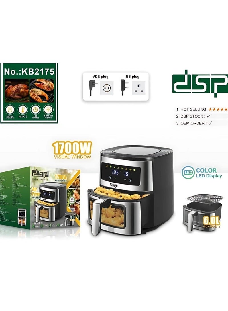 DSP Digital Air Fryer – 6L Capacity, 1700 Watts Enjoy crispy fried food with little to no oil! Reduce fat by up to 85% with this smart 6-liter air fryer – perfect for families. The powerful 1700W motor ensures fast cooking and even heat distribution. - Image 4