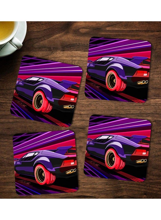 ASHVAH Car Print/Typography Tea/Coffee Mug/Designer Handmade Wooden Coaster Set for Home Kitchen, Office Desk - Set of 4 - Square: 10cm - Image 1
