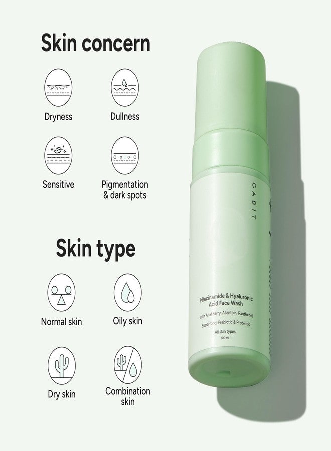 Gabit Niacinamide & Hyaluronic Acid Foaming Face Wash | Gently Cleanses, Non-drying, Soothes | Vitamin B5, Acai Berry | Dry, Normal, Sensitive Skin Types | For Men & Women | Sulphate & Soap Free | 100ml | Pack of 2 - Image 2