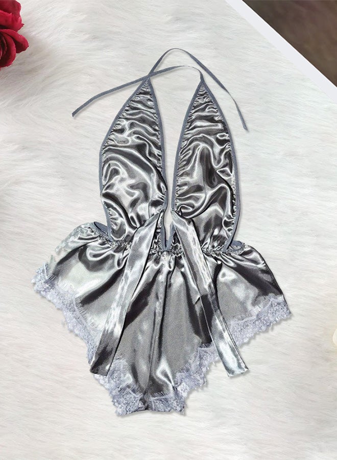 MARGOUN Women Medium Size Stain Silk Underwear Deep V Neck Lingerie Fashion Ladies Sleepwear Bodysuit Teddy Lingerie Sleepwear Grey/M-Bust 88CM-Waist 68cm-hip 92cm - Image 3