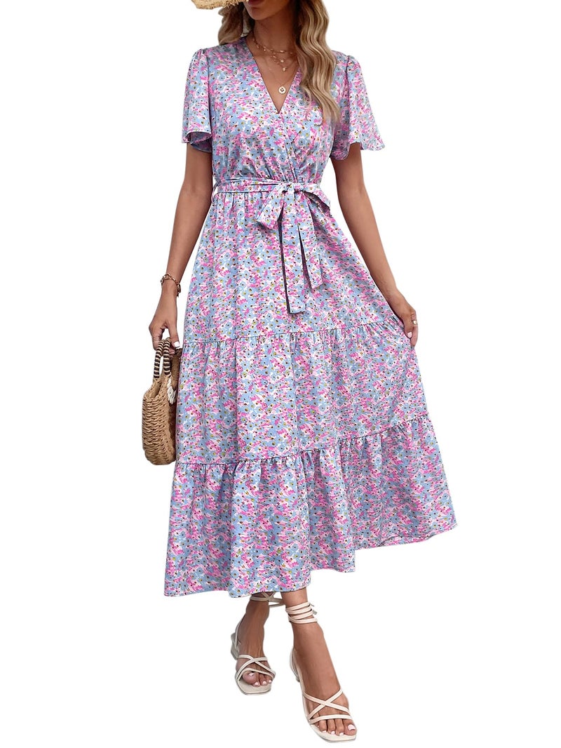MASCOMODA Womens Summer Boho Maxi Dress Floral Wrap V Neck Flutter Short Sleeve Tie Waist A Line Tiered Flowy Long Dresses(Blue and Pink,XX-Large) - Image 1