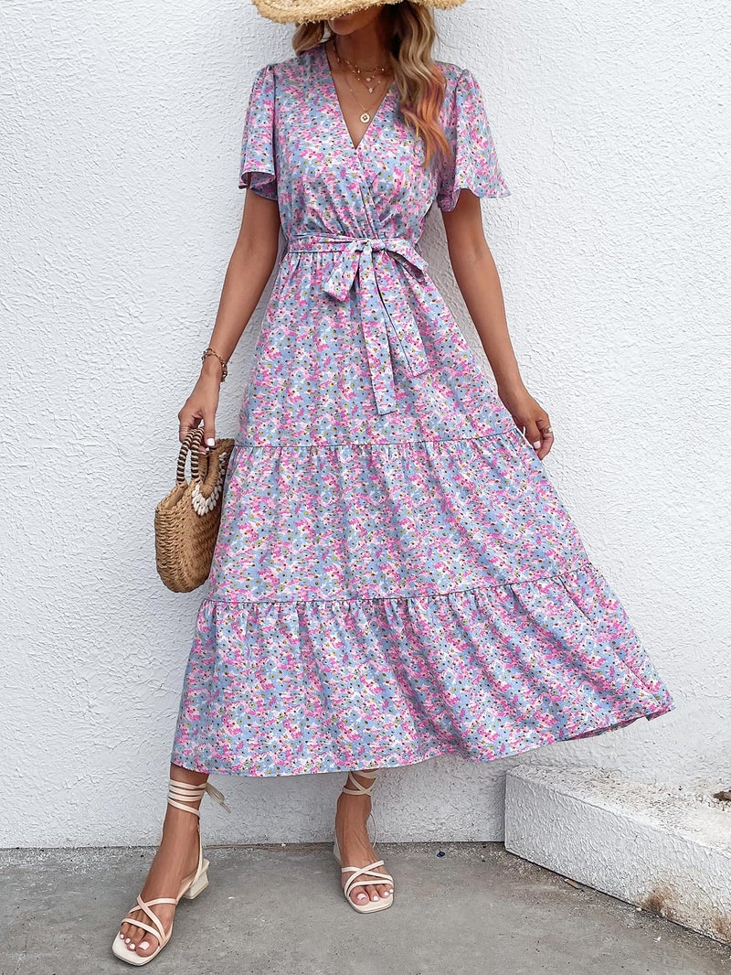 MASCOMODA Womens Summer Boho Maxi Dress Floral Wrap V Neck Flutter Short Sleeve Tie Waist A Line Tiered Flowy Long Dresses(Blue and Pink,XX-Large) - Image 4