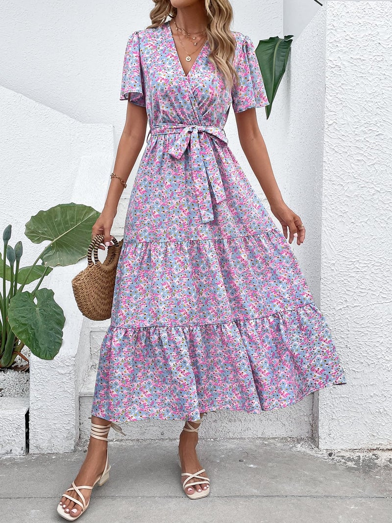 MASCOMODA Womens Summer Boho Maxi Dress Floral Wrap V Neck Flutter Short Sleeve Tie Waist A Line Tiered Flowy Long Dresses(Blue and Pink,XX-Large) - Image 2