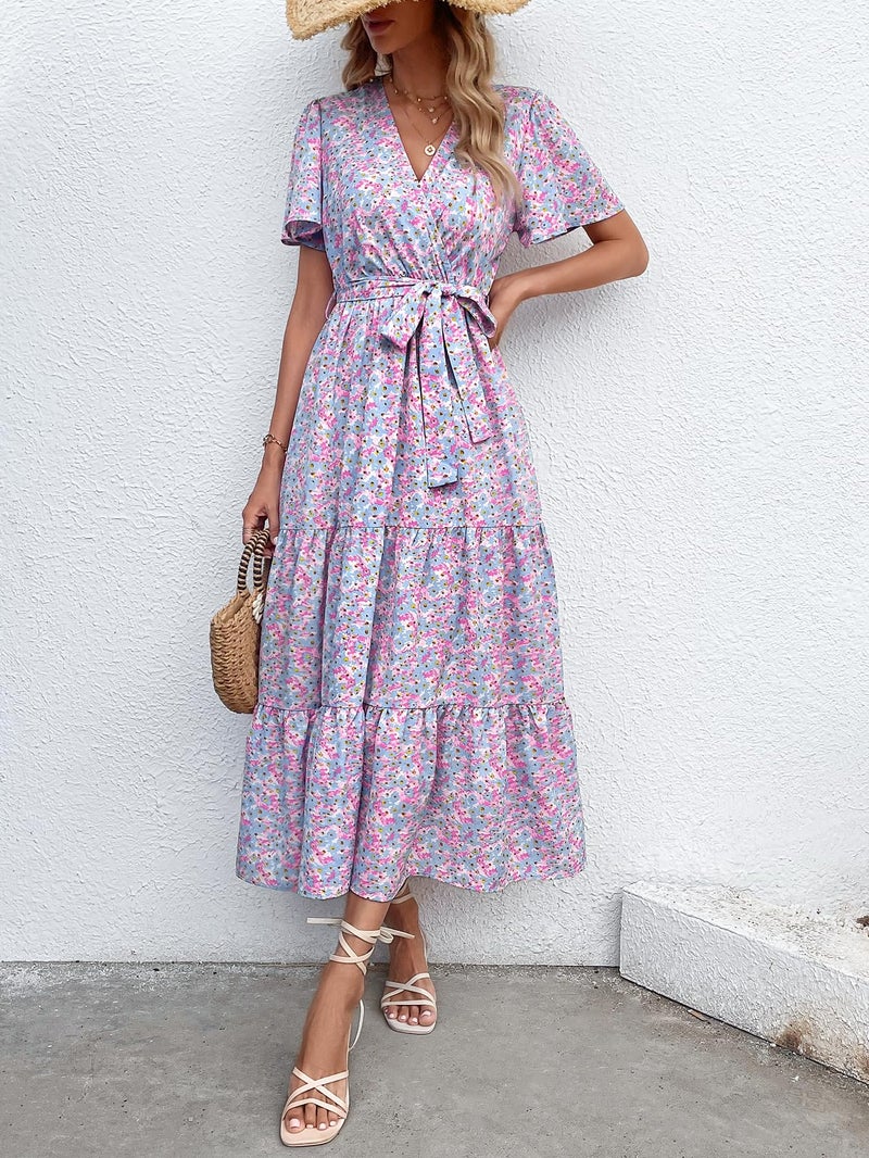 MASCOMODA Womens Summer Boho Maxi Dress Floral Wrap V Neck Flutter Short Sleeve Tie Waist A Line Tiered Flowy Long Dresses(Blue and Pink,XX-Large) - Image 3
