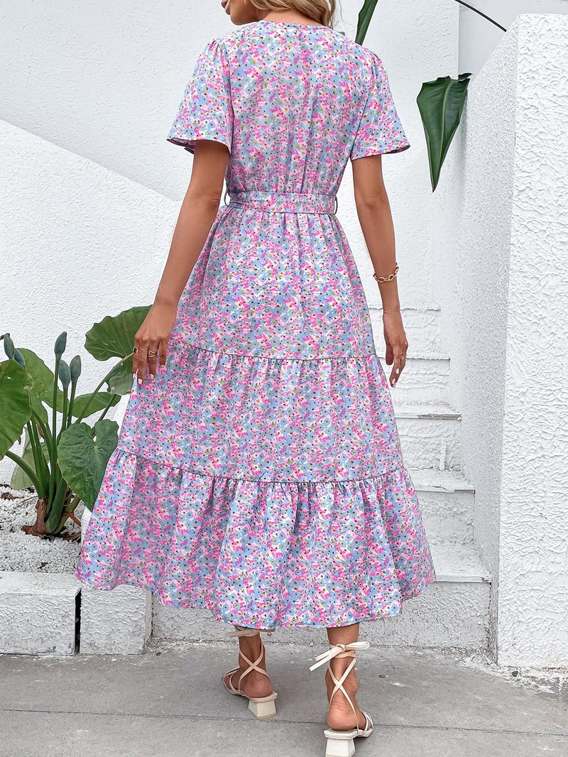 MASCOMODA Womens Summer Boho Maxi Dress Floral Wrap V Neck Flutter Short Sleeve Tie Waist A Line Tiered Flowy Long Dresses(Blue and Pink,XX-Large) - Image 5