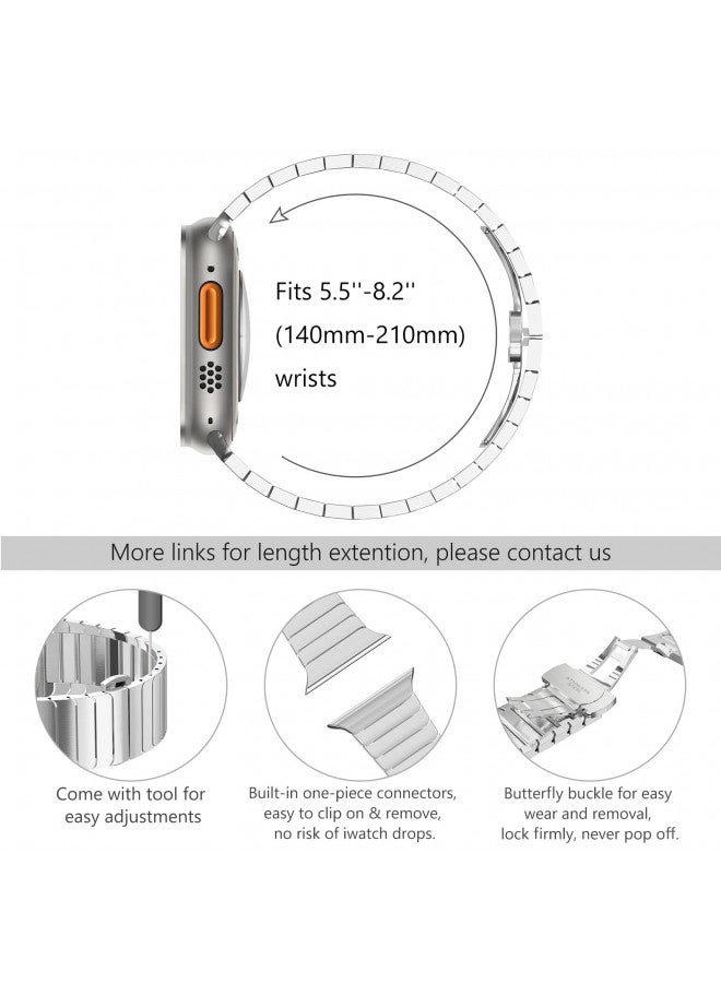 WINGLE Compatible for Apple Watch Band Ultra 2 Band Ultra Band 49mm 46mm 45mm 44mm 42mm Series 10 9 8 7 for Men, Stainless Steel Metal Bands for Apple Watch iWatch SE Series 6 5 4 3 2 1 Link, Silver - Image 3