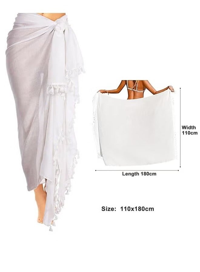 Realfrog Long Sarong Cover Up Womens with Tassel Beach Cover Up Bikini Bathing Suit Swimsuit Scarf Swimwear Coverup Sarong Pareo Wraps for Women Girl White - Image 2