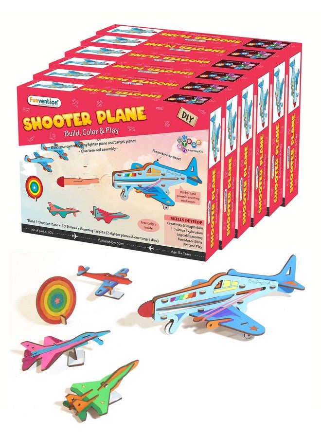 Funvention DIY Shooter Plane (Pack of 6) Mechanical Shooting Model with 3 Target Planes and One Target Disc and Free Colors- STEM Learning Birthday Return Gifts Party Pack - Image 1