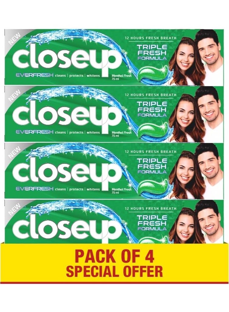 Close Up Triple Fresh Gel Toothpaste, for 24 hours fresh breath, Menthol Fresh, with antibacterial mouthwash & microshine crystals, 75ml x 4 - Image 1