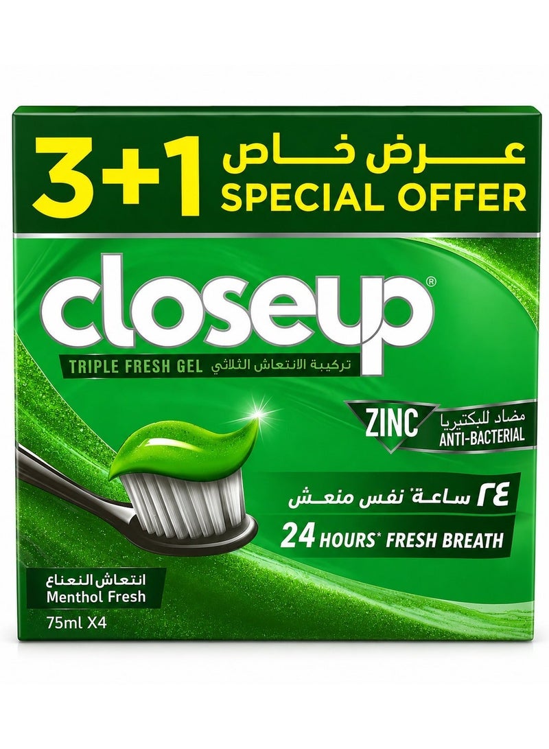 Close Up Triple Fresh Gel Toothpaste, for 24 hours fresh breath, Menthol Fresh, with antibacterial mouthwash & microshine crystals, 75ml x 4 Pack of 4 - Image 2