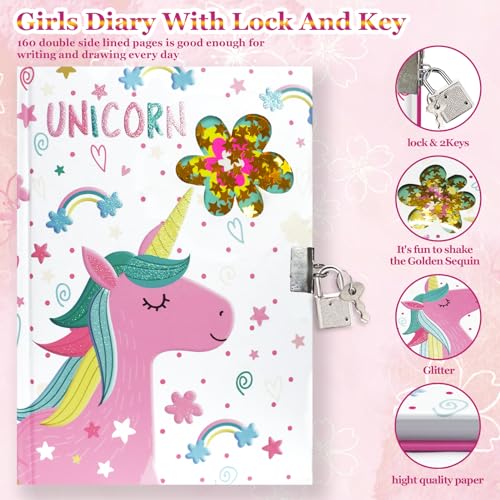 GINMLYDA Girls Diary with Lock for Kids, Unicorn Diaries 7.1x5.3 160 Pages Cute Girl Journal Secret Notebook with Lock and Key for Little Kid Writing Drawing Gift for Pre school Age 6,8,12 - Image 3