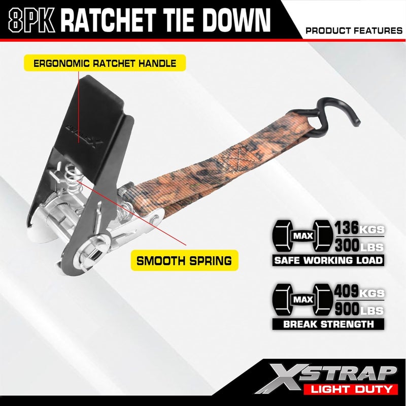 XSTRAP STANDARD 10FT Ratchet Tie Down Straps Set, 8-Pack, 900 LB Break Strength, Camouflage - Image 4