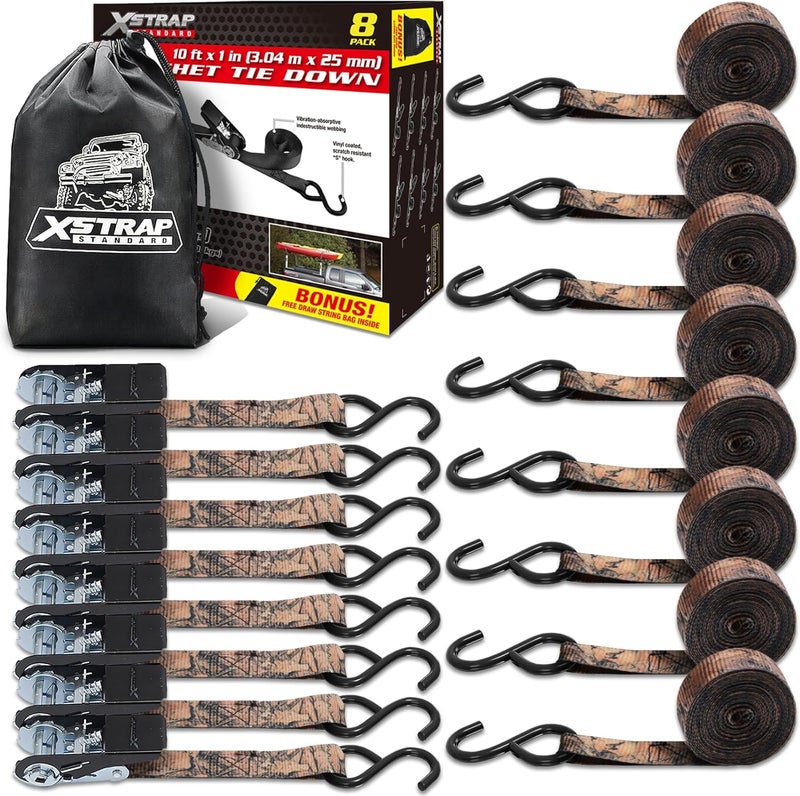 XSTRAP STANDARD 10FT Ratchet Tie Down Straps Set, 8-Pack, 900 LB Break Strength, Camouflage - Image 1