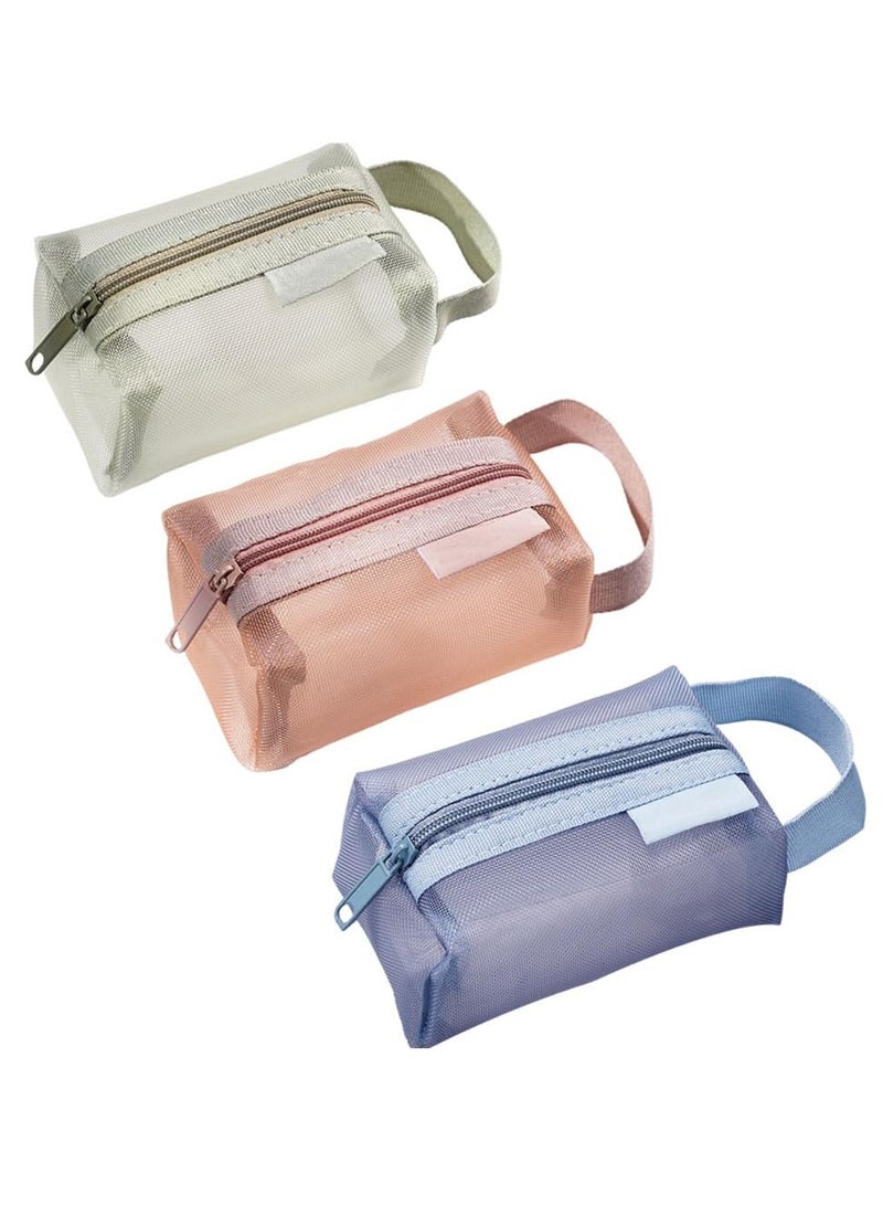 Portable Square Mesh Storage Bags - Set of 3 (Green, Pink, Blue) - Zippered Cosmetic and Coin Pouches - Transparent Nylon Design for Travel and Organization. - Image 1
