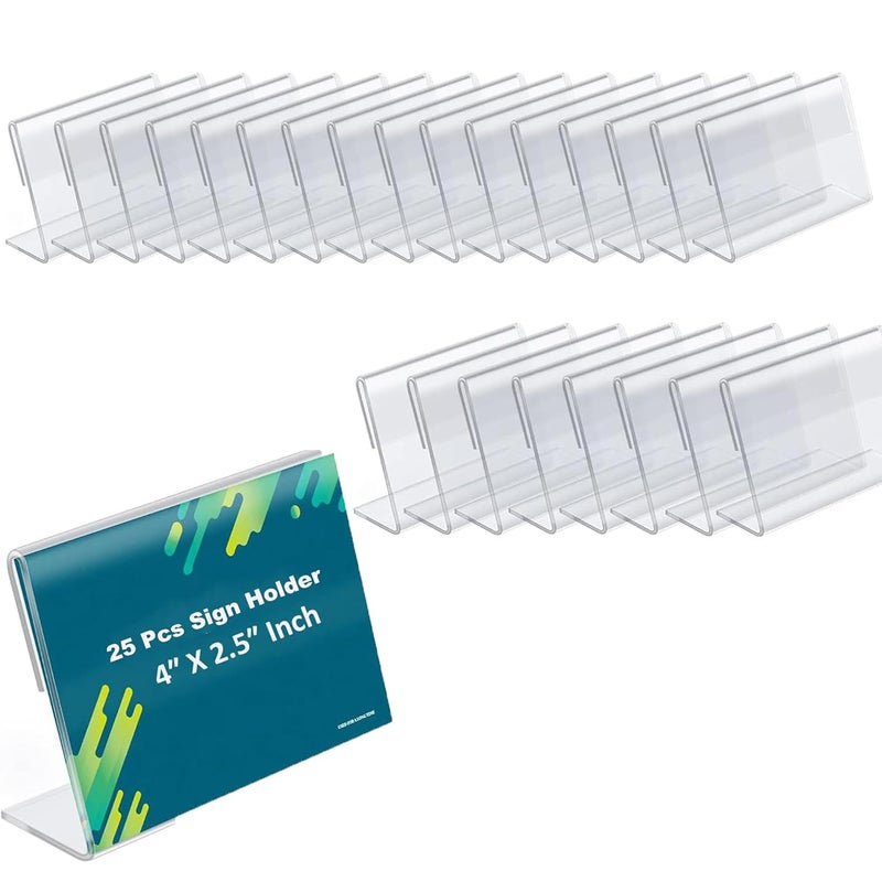 Shuban Acrylic Sign Holder (4 Inch W X 2.5 Inch H) L-Shape Acrylic Table Display Label Price Tag Name Card Holder Stands For School Office Counter Restaurants Supermarket (25Pcs) - Image 1