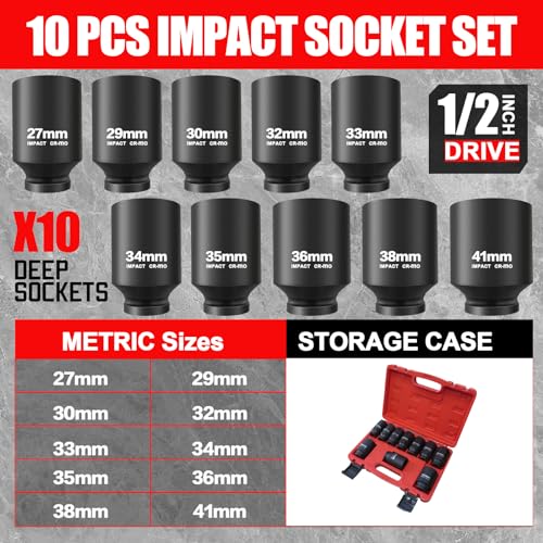 TONYNOL 1/2 Inch Drive Deep Impact Socket Set,10 PCS,6-Point,Metric Size(27mm to 41mm),Cr-Mo Steel,Heavy Duty Impact Socket Set,With a Storage Case - Image 2