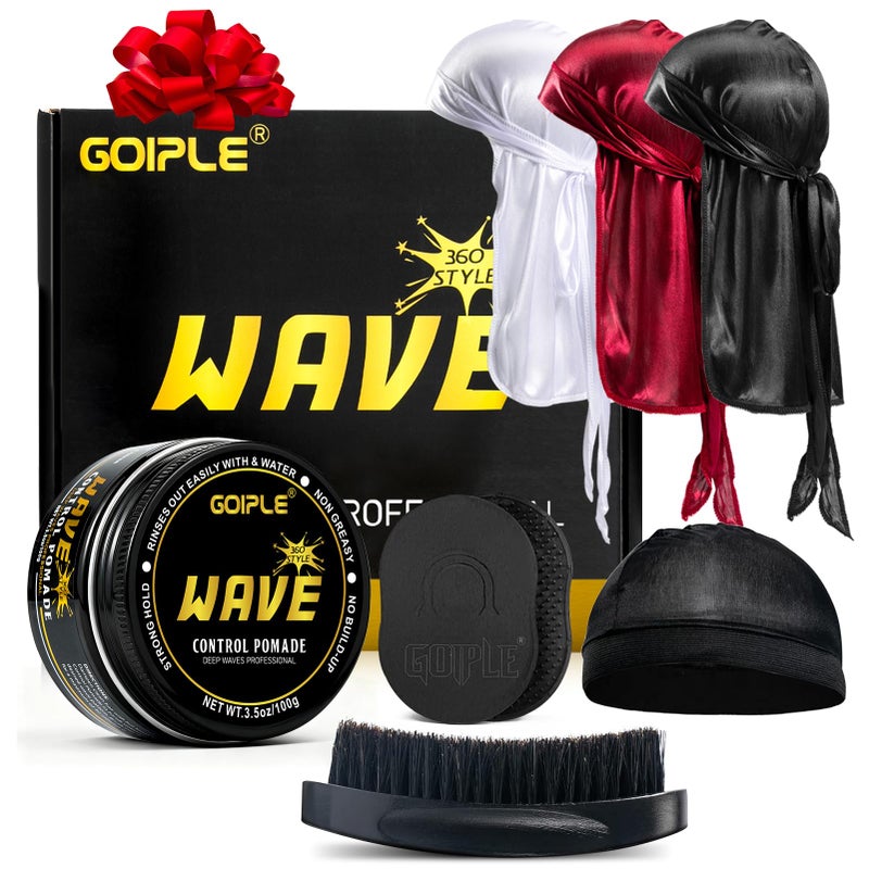 Goiple Wave Pomade for Men Strong Hold Easy Wash 360 Wave Training Hair Cream, Waves Grease for Men Promotes Layered Waves, Moisture, Control and Silky Shine Pomade Brushe Silky Durag Cap Set - Image 1