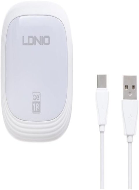 LDNIO A2512Q Fast Wall Charger Adapter Dual USB Outputs Include USB To Type C Charging Cable Smart Design Fits Various Smartphones 18W - White
