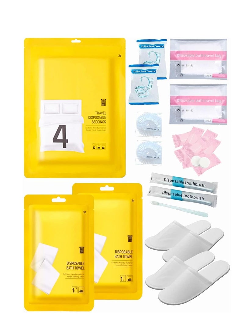 KASTWAVE مجموعة سفر يمكن التخلص منها: ملاءة سرير × 1 + غطاء لحاف × 1 + غطاء وسادة × 2 + مناشف حمام × 2 + قبعات استحمام × 10 + حقيبة حوض استحمام بلاستيكية × 2 + أغطية مقعد المرحاض × 2 + منشفة وجه ضاغطة × 8 + فرشاة أسنان × 2 + نعال × 2  - Image 1