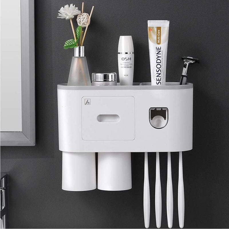 ACHARAJ Toothbrush Holder Wall Mounted Automatic Toothpaste Dispenser Squeezer Kit Magnetic Toothbrush Holder for Bathroom and Vanity 4 Brush Slots 2 Cups 1 Cosmetic Drawer - Image 1