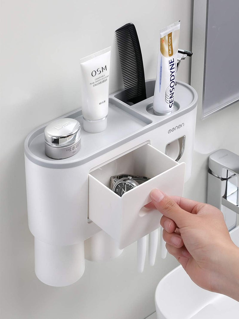 ACHARAJ Toothbrush Holder Wall Mounted Automatic Toothpaste Dispenser Squeezer Kit Magnetic Toothbrush Holder for Bathroom and Vanity 4 Brush Slots 2 Cups 1 Cosmetic Drawer - Image 5