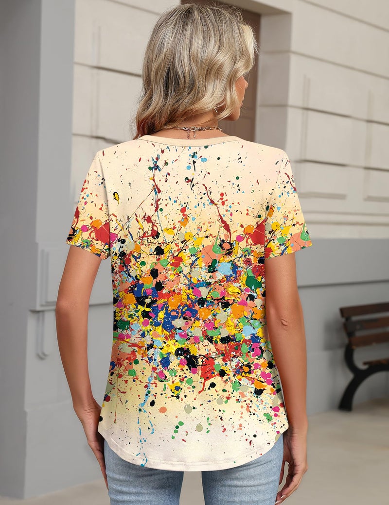TCOT Casual Button V Neck Short Sleeve Loose Fitting Tunic Tops for Women Spring Clothes 2026 Yellow Floral Shirts 3XL - Image 3